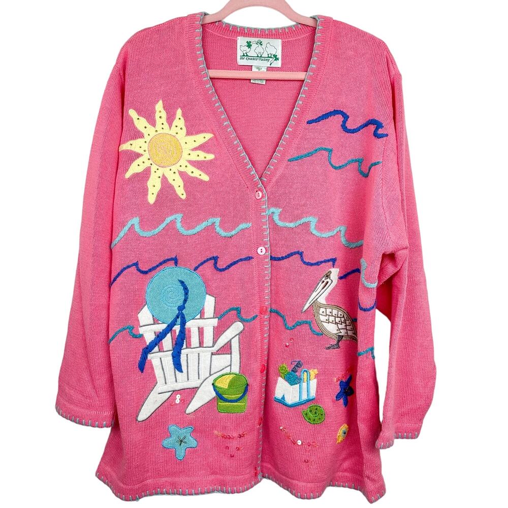 The Quacker Factory Sweater Vintage Beach Summer Scene Cardigan Sequin Pink